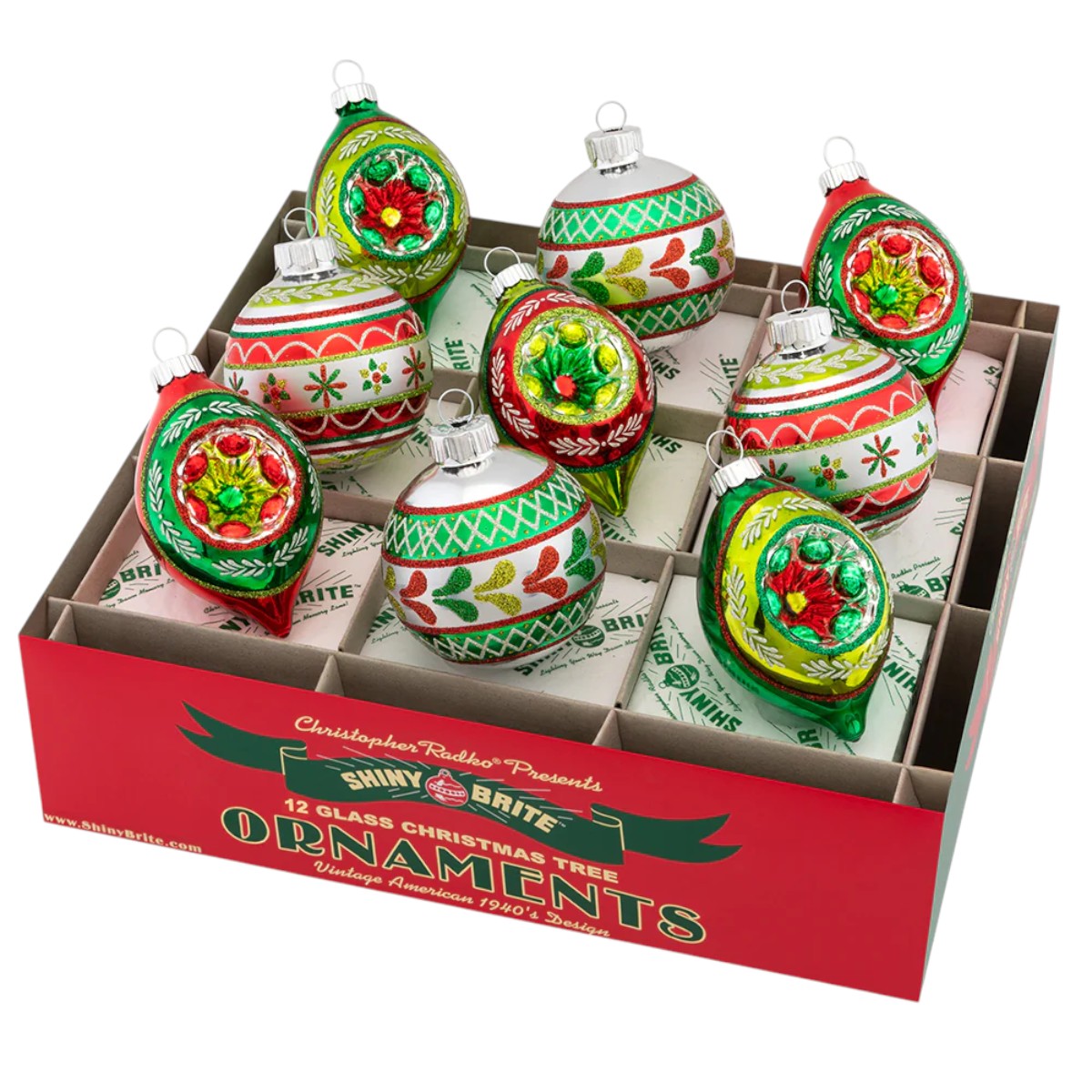 Christopher Radko Holiday Splendor 9 Count Decorated Rounds and Reflector Tulip Ornaments, 2.5