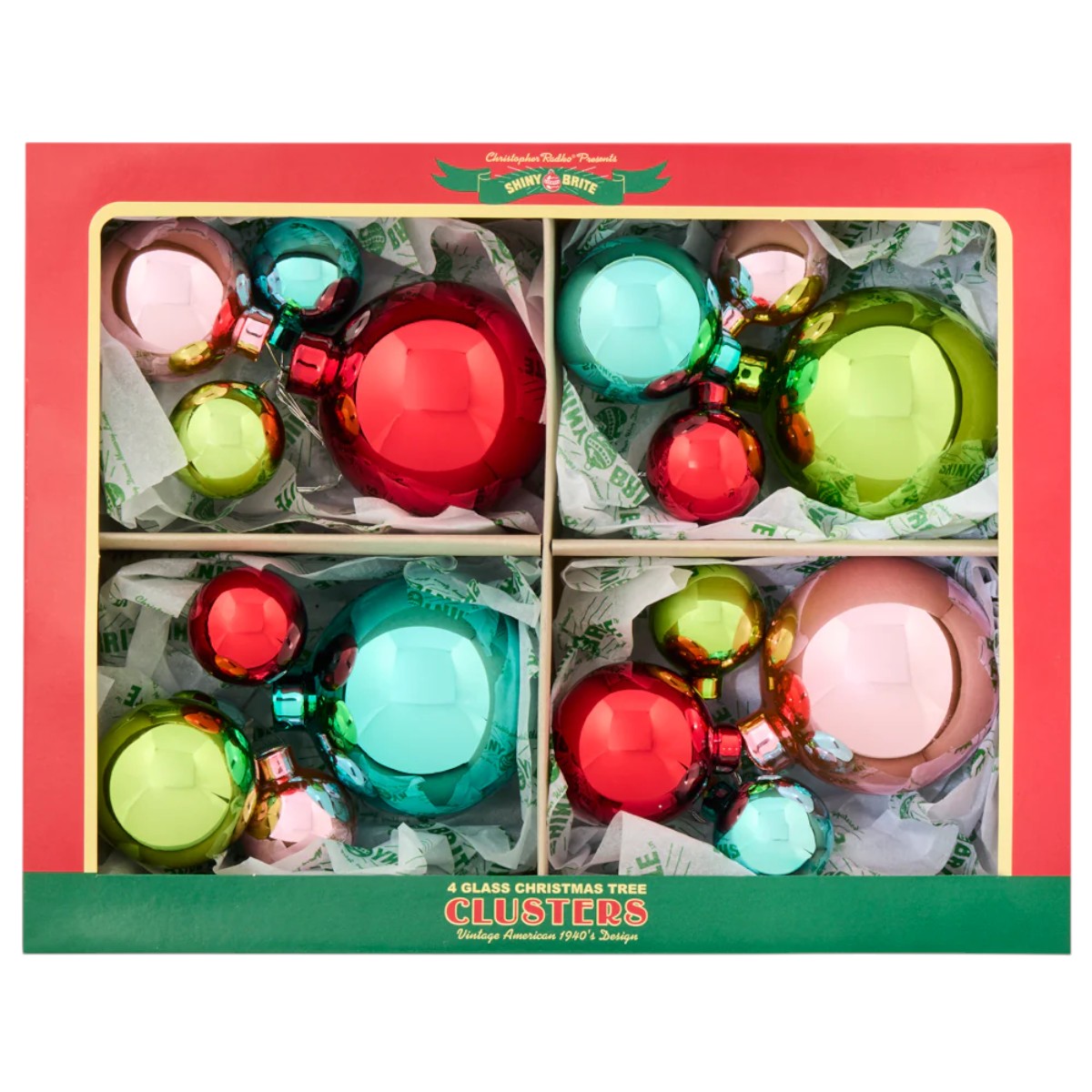Christopher Radko Festive Fete 1.25 1.75 2.5 Cluster Ornaments, 4 Pack