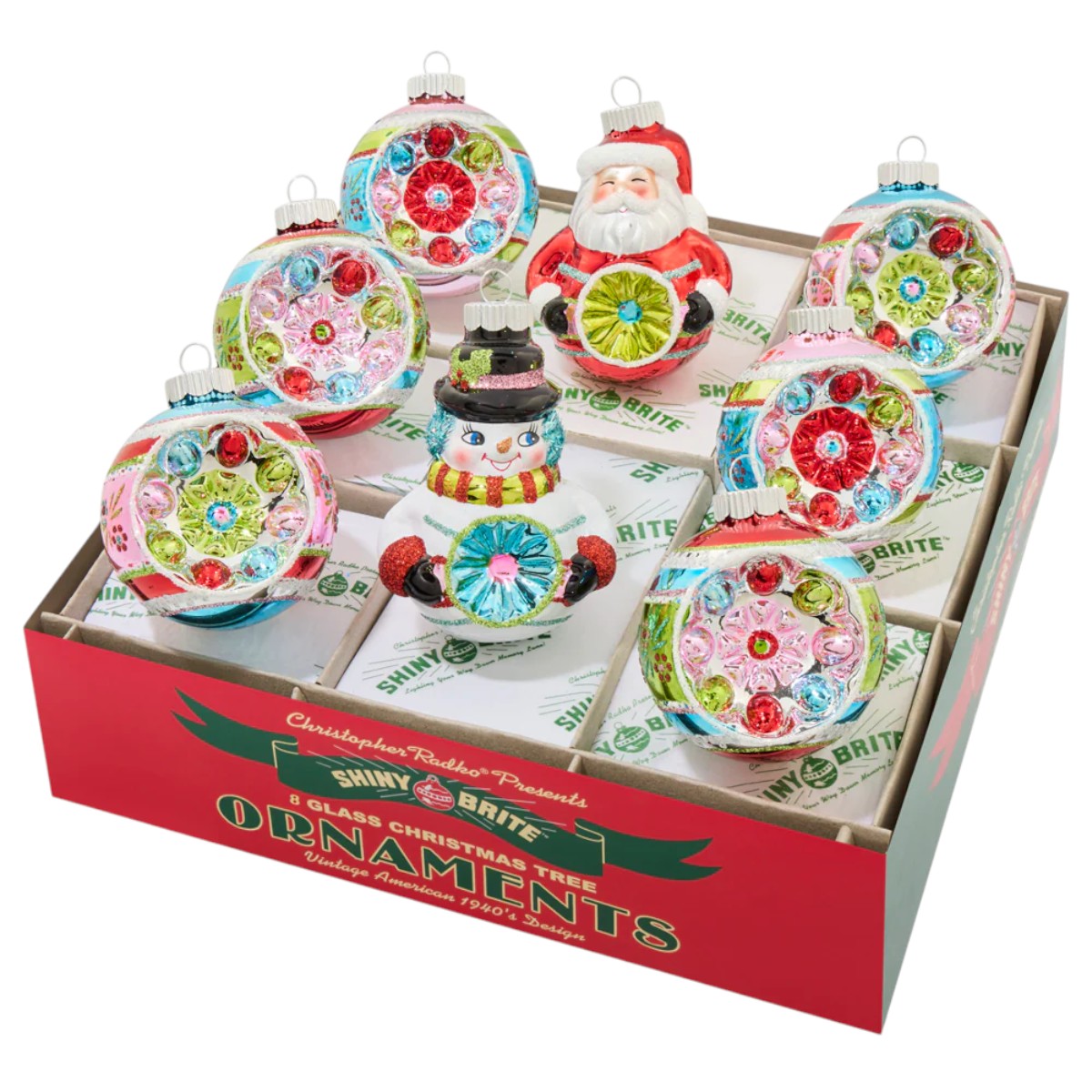 Christopher Radko Festive Fete Figures and Reflector Rounds Ornaments, Set of 8