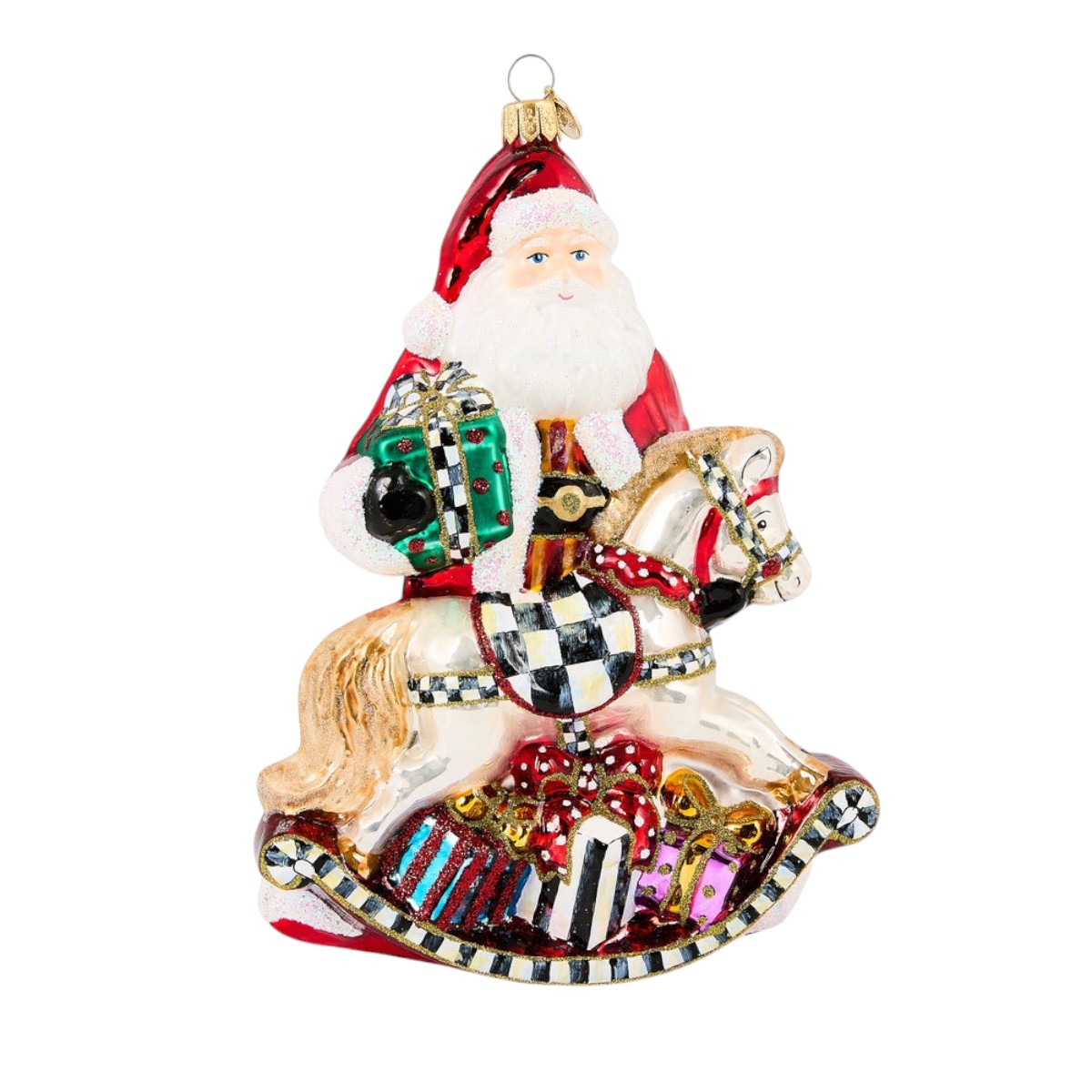 MacKenzie-Childs Santa With Rocking Horse Glass Ornament