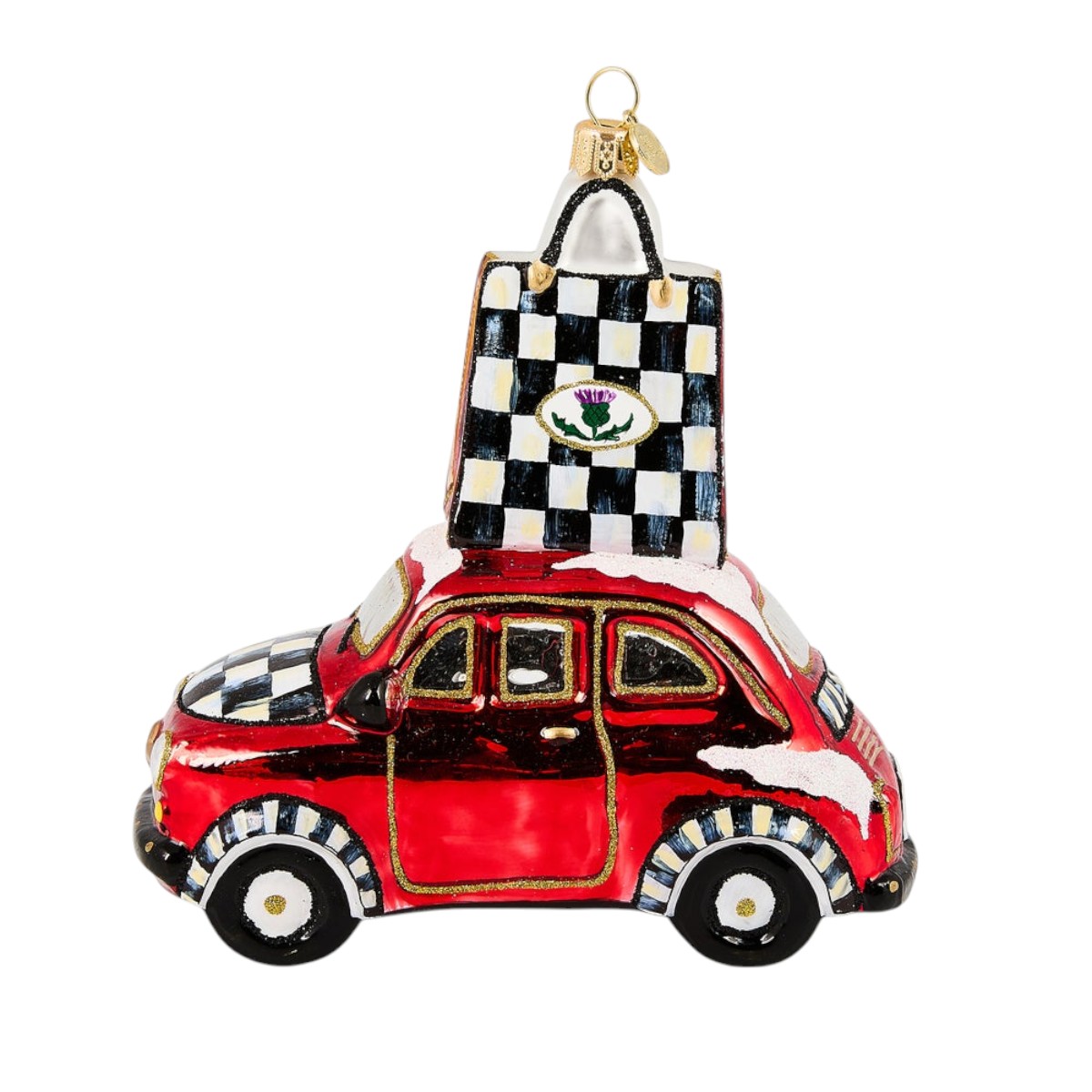 MacKenzie-Childs Christmas Shopping Car Glass Ornament