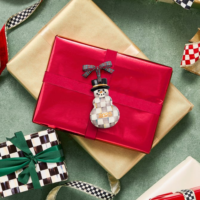 MacKenzie-Childs Sterling Check Snowman Ornament, 2025