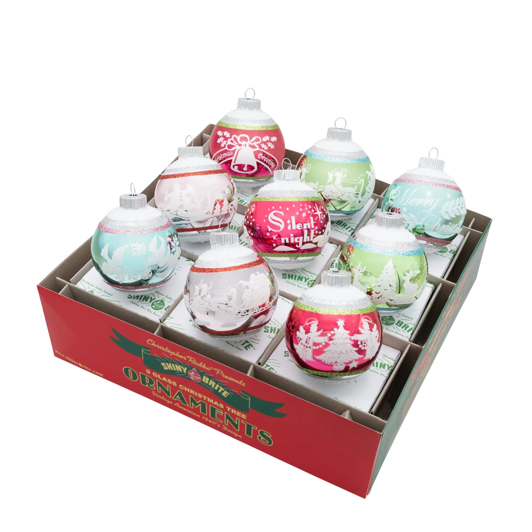 Christopher Radko Festive Fete 9 Count Signature Flocked Rounds Ornaments, 2.5