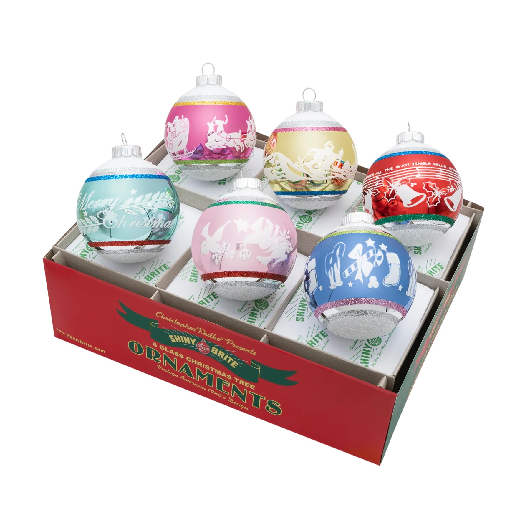 Christopher Radko Christmas Confetti 6 Count Signature Flocked Round Ornaments, 3.25