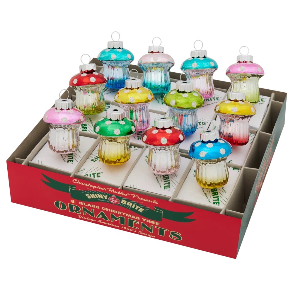 Christopher Radko Christmas Confetti 12 Count Mushroom Ornaments, 1.75