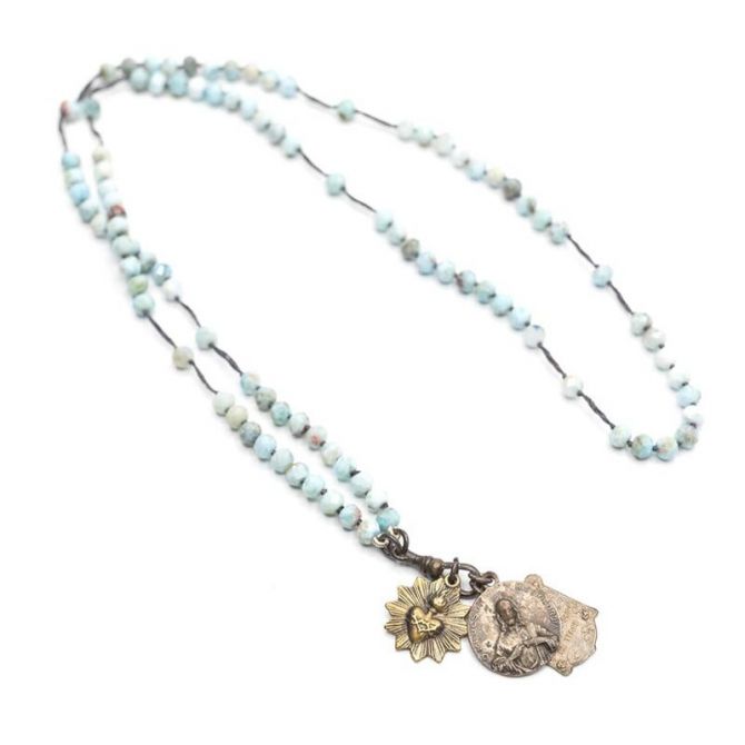 Mirace Icons by Mary Jo Pane Faceted Larimar Rosary Necklace