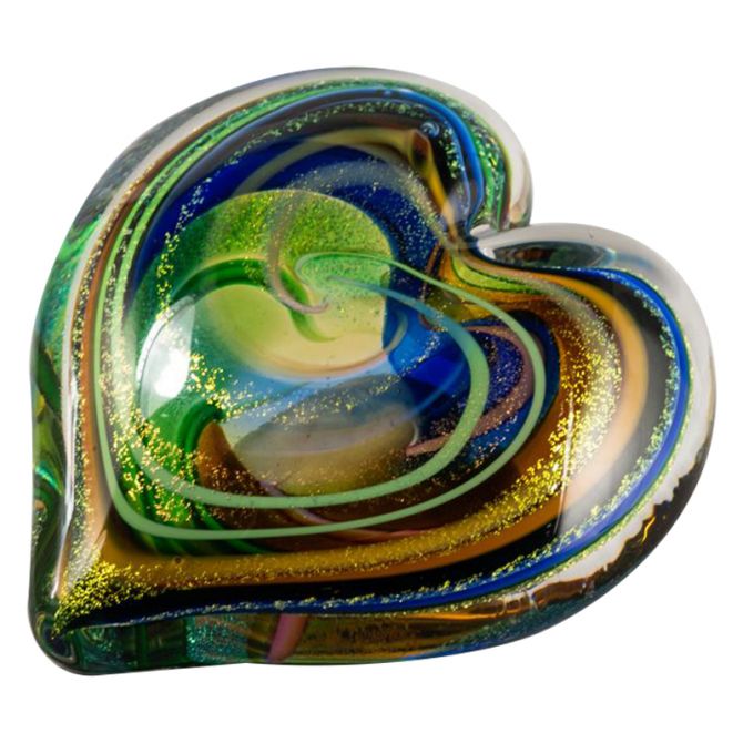 Glass Eye Heart of Fire Golden Rainbow Paperweight