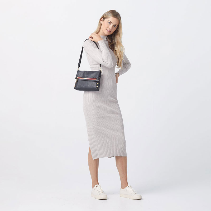 Hammitt VIP Medium Crossbody, Black and Brushed Gold Hardware with Red Zip