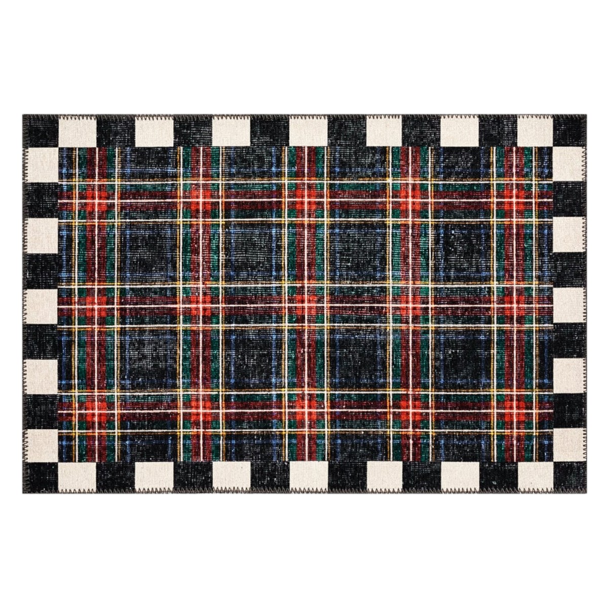 MacKenzie-Childs Stewart Tartan Black Washable Rug, 2'x3'