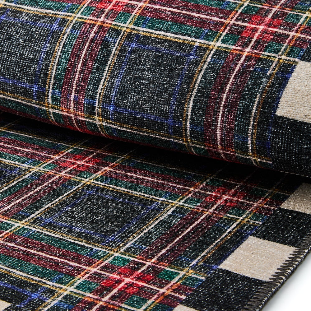 MacKenzie-Childs Stewart Tartan Black Washable Rug, 2'x3'