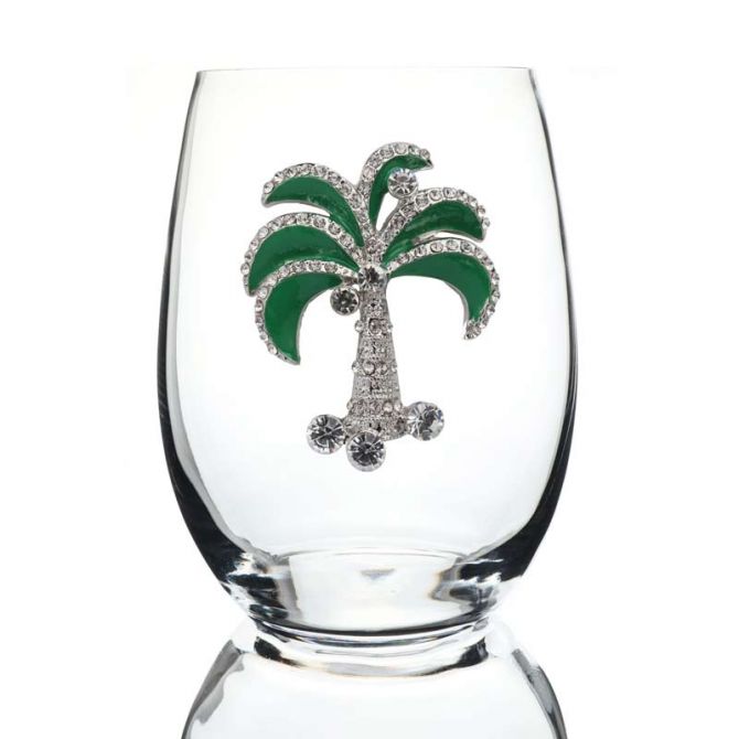 The Queens Jewels Green Diamond Palm Tree Jeweled Stemless Glass