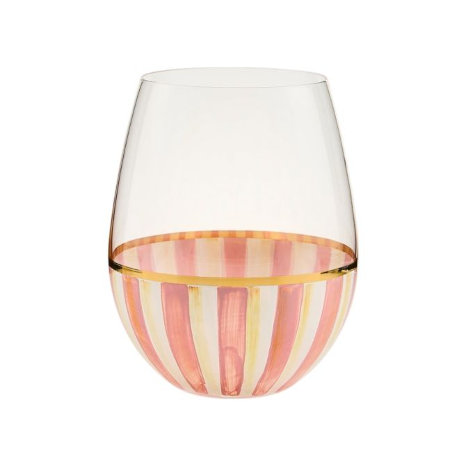 MacKenzie-Childs Stemless Wine Glass, Rosy Stripe