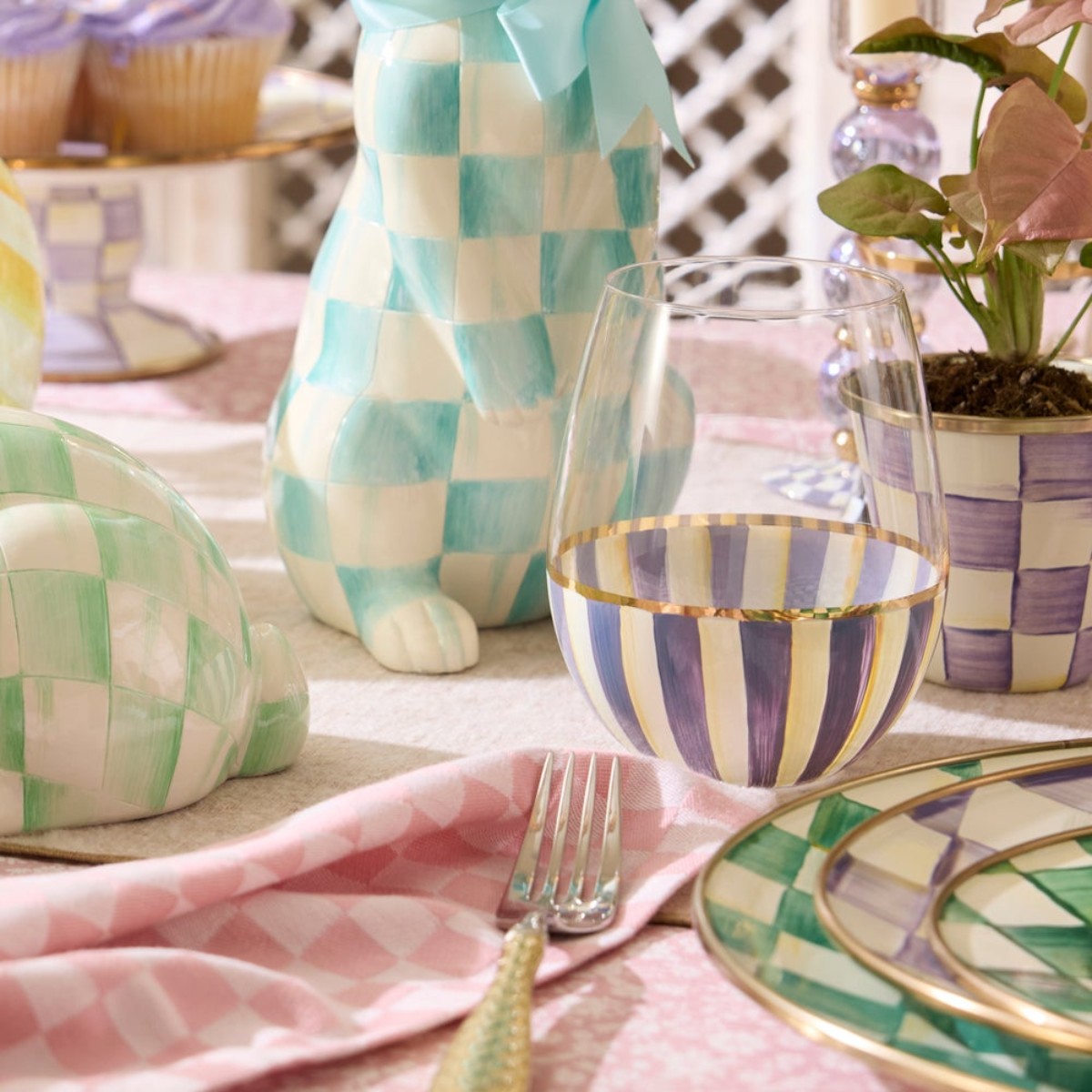 MacKenzie-Childs Stemless Wine Glass, Violet Stripe