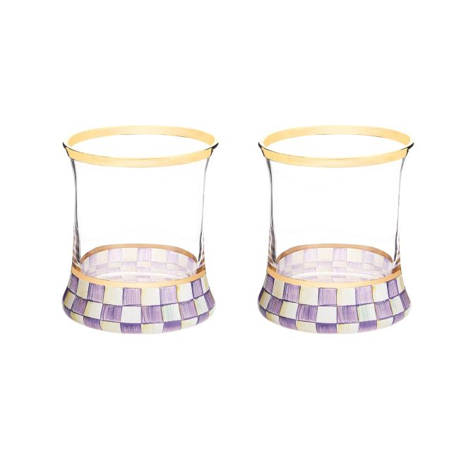 MacKenzie-Childs Violet Check Glasses, Set of 2