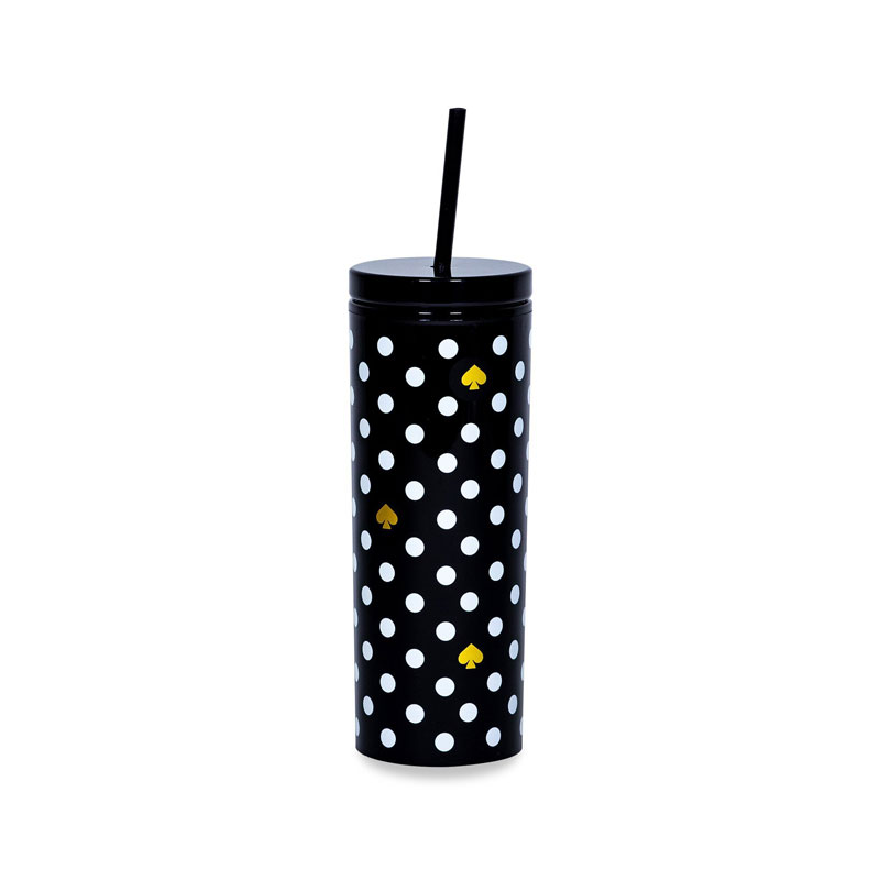 Kate Spade Tumbler with Straw, Black and White Polka Dots