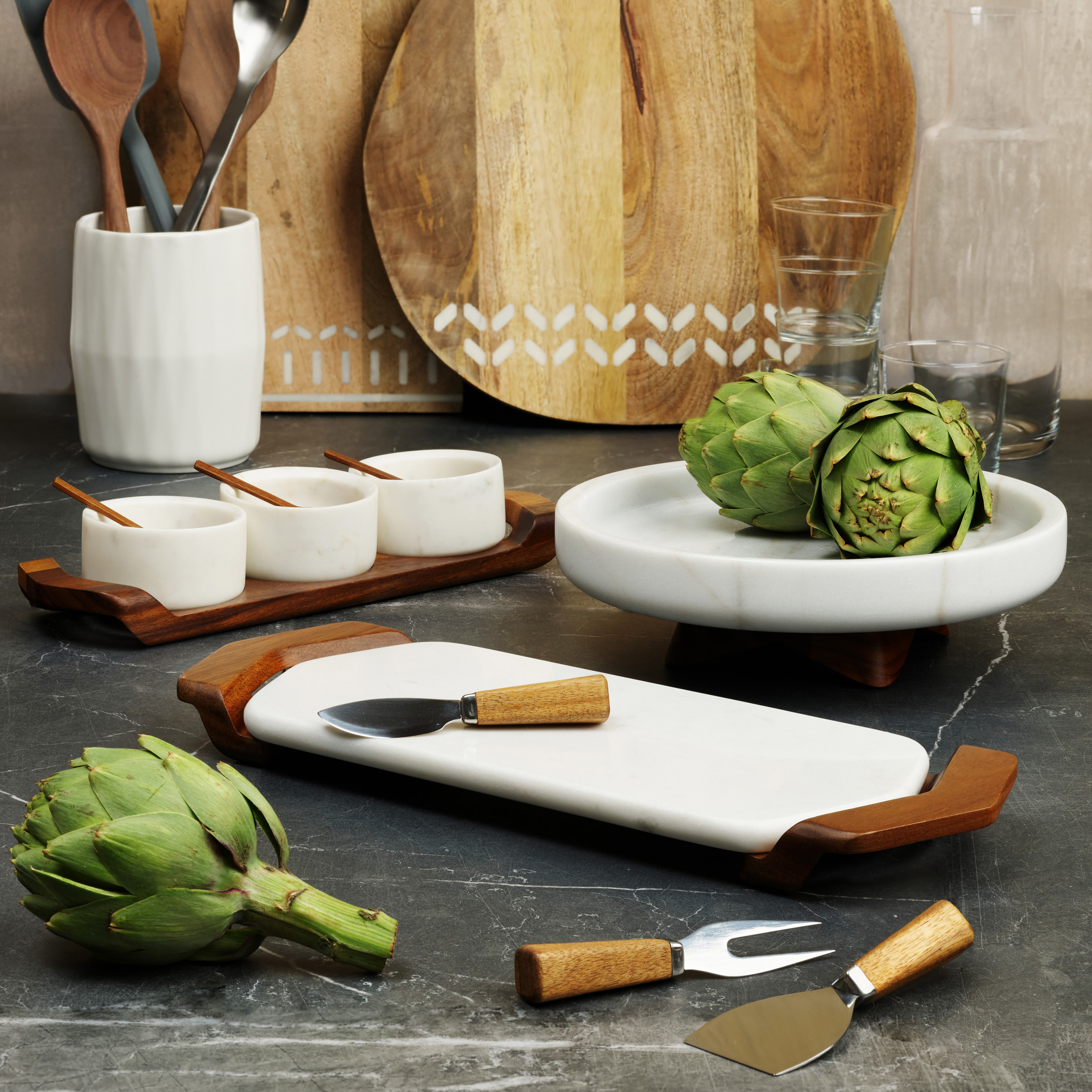Nambe Chevron Cheese Tray with Knives