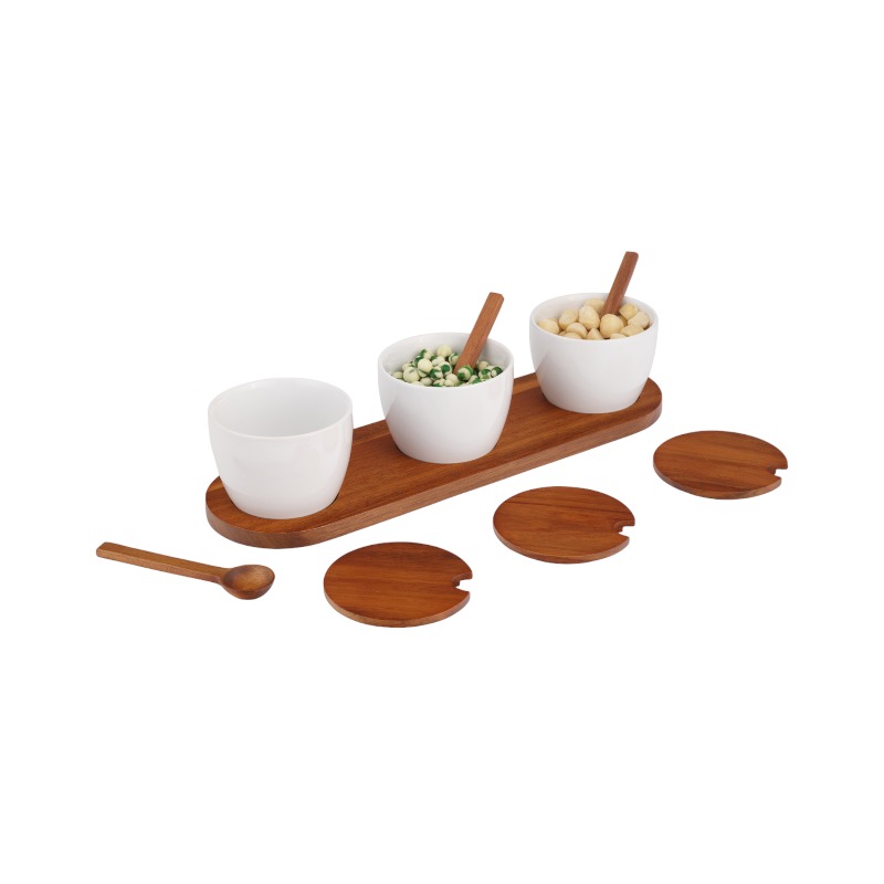 Nambe Duets Triple Condiment Server with Lids and Spoons