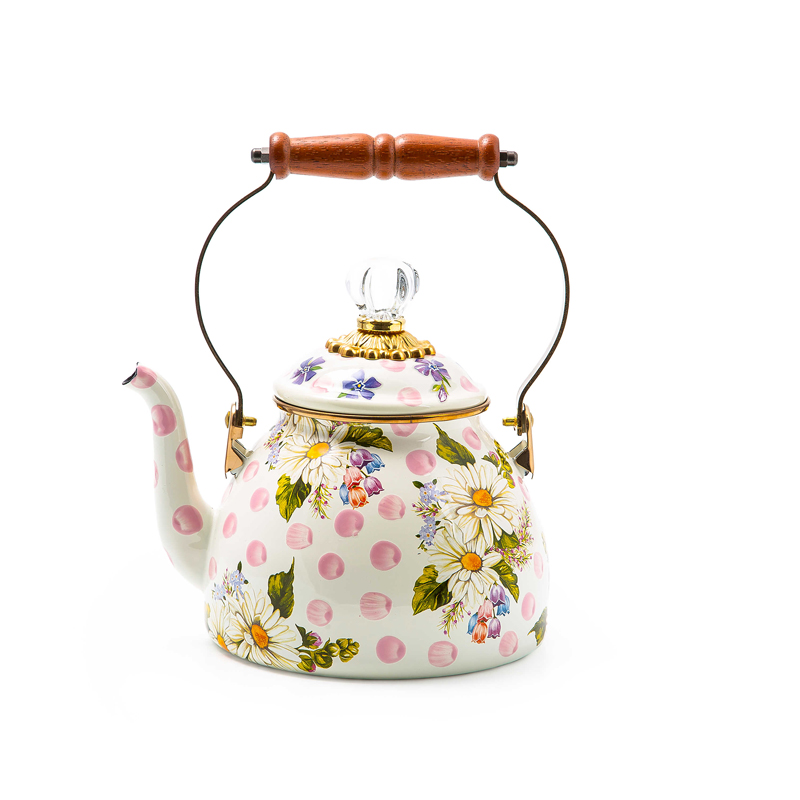 MacKenzie-Childs Wildflowers Pink Enamel Tea Kettle, 2QT | 89257