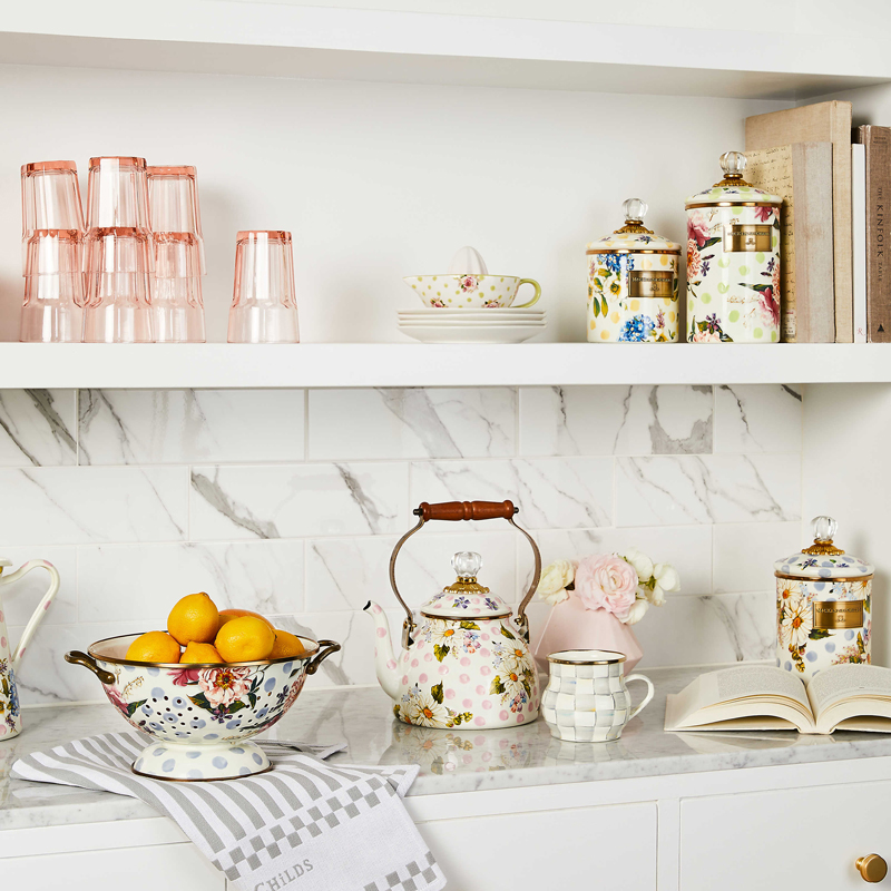 MacKenzie-Childs Wildflowers Pink Enamel Tea Kettle, 2QT