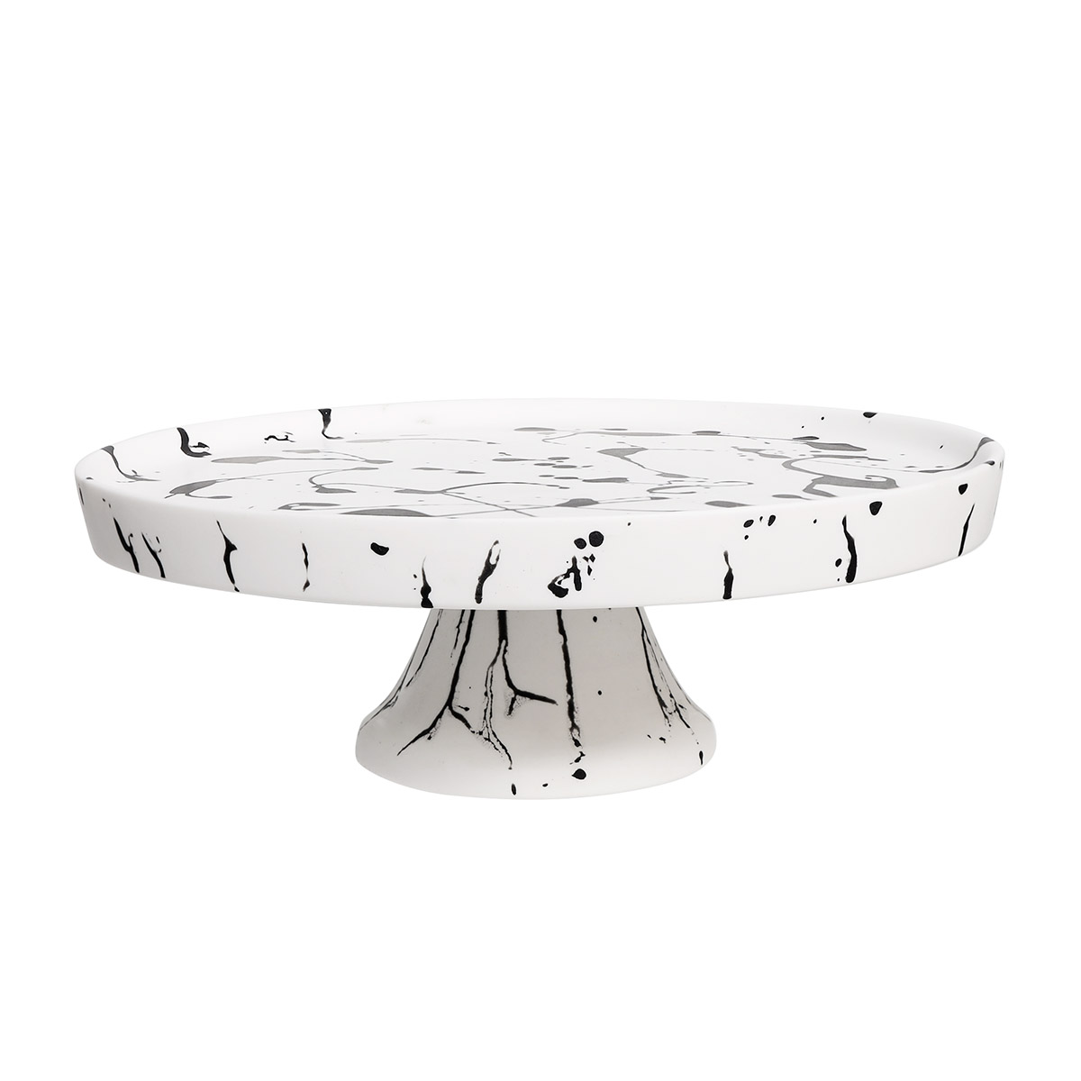 Nashi Footed Cake Plate, White with Black Splatter
