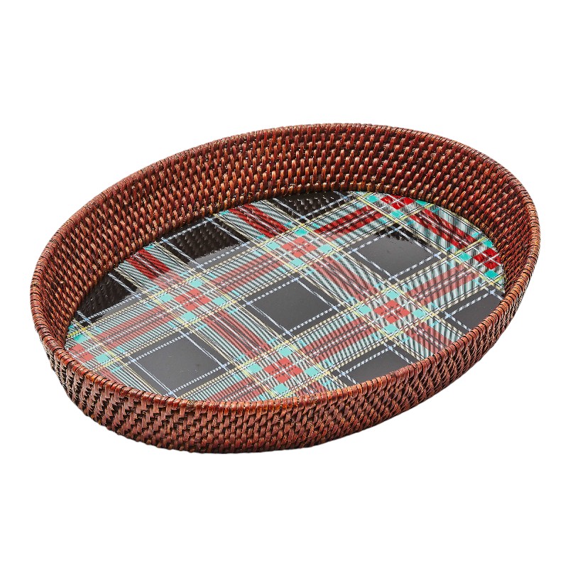 MacKenzie-Childs Tartan Black Rattan Serving Tray, Large