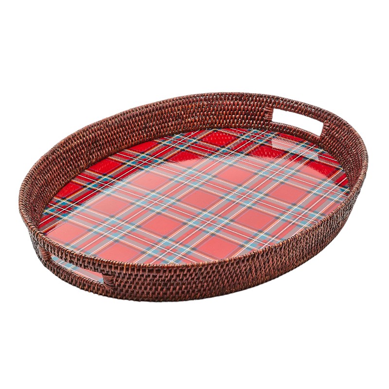 MacKenzie-Childs Tartan Red Rattan Party Serving Tray