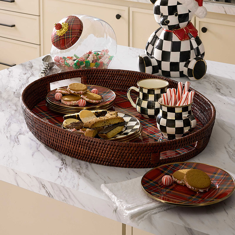 MacKenzie-Childs Tartan Red Rattan Party Serving Tray