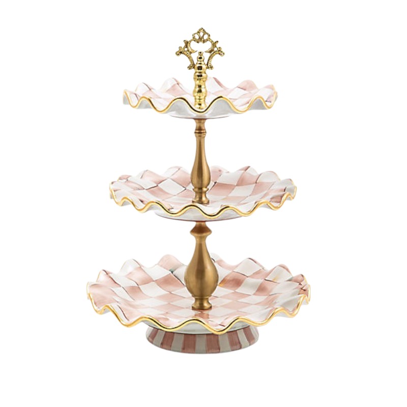 MacKenzie-Childs Rosy Check Ceramic Three Tier Sweet Stand