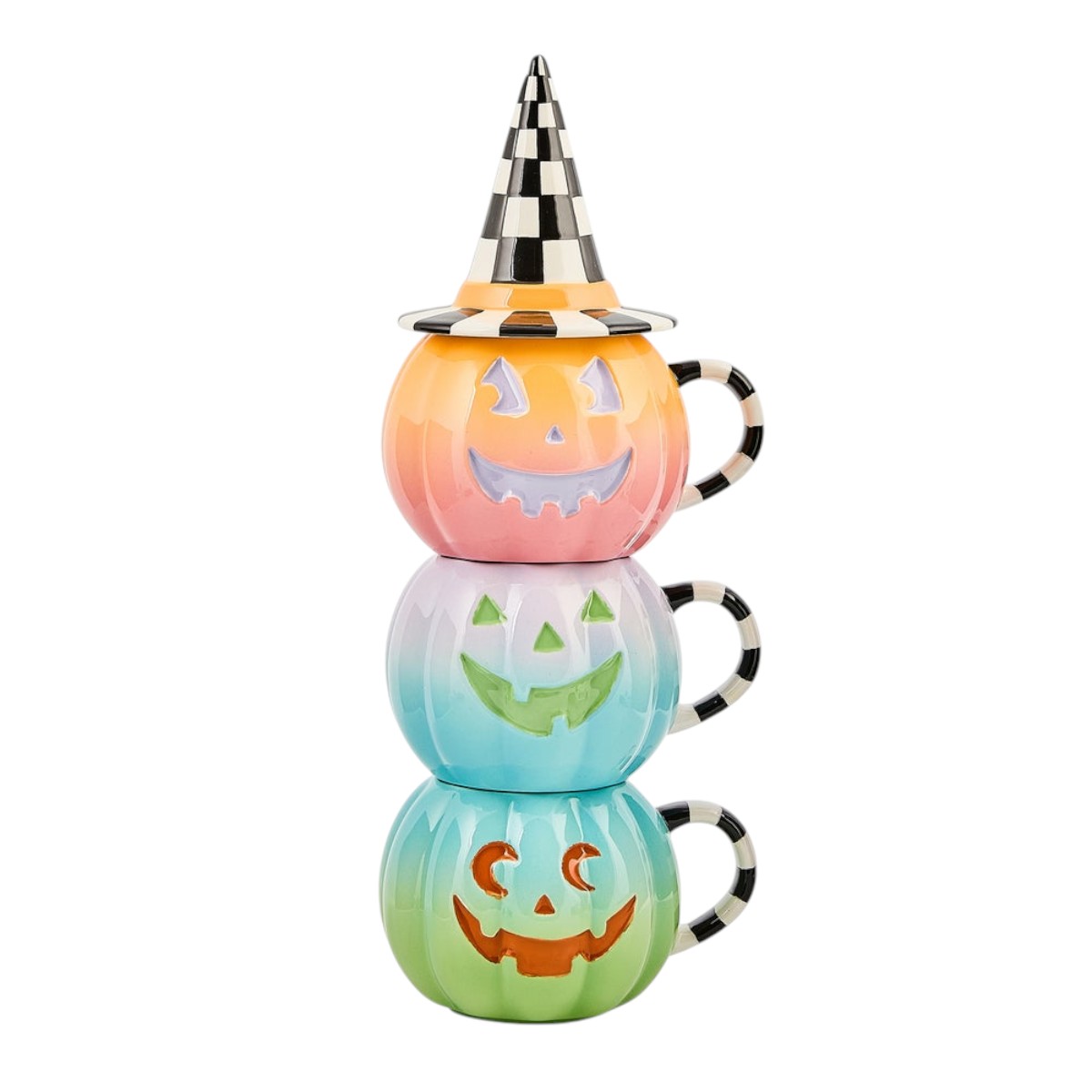 MacKenzie-Childs Trick or Treat Lidded Pumpkin Mug Tower, Set of 3