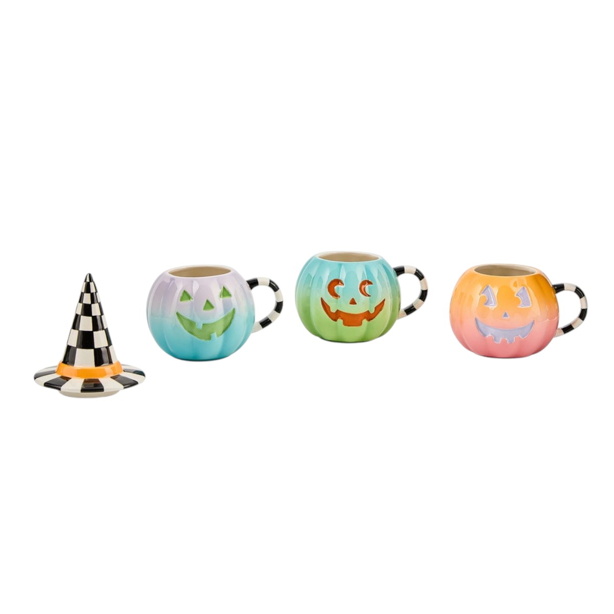MacKenzie-Childs Trick or Treat Lidded Pumpkin Mug Tower, Set of 3