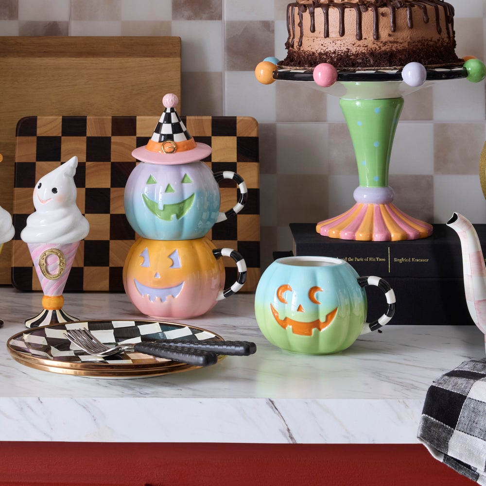 MacKenzie-Childs Trick or Treat Lidded Pumpkin Mug Tower, Set of 3