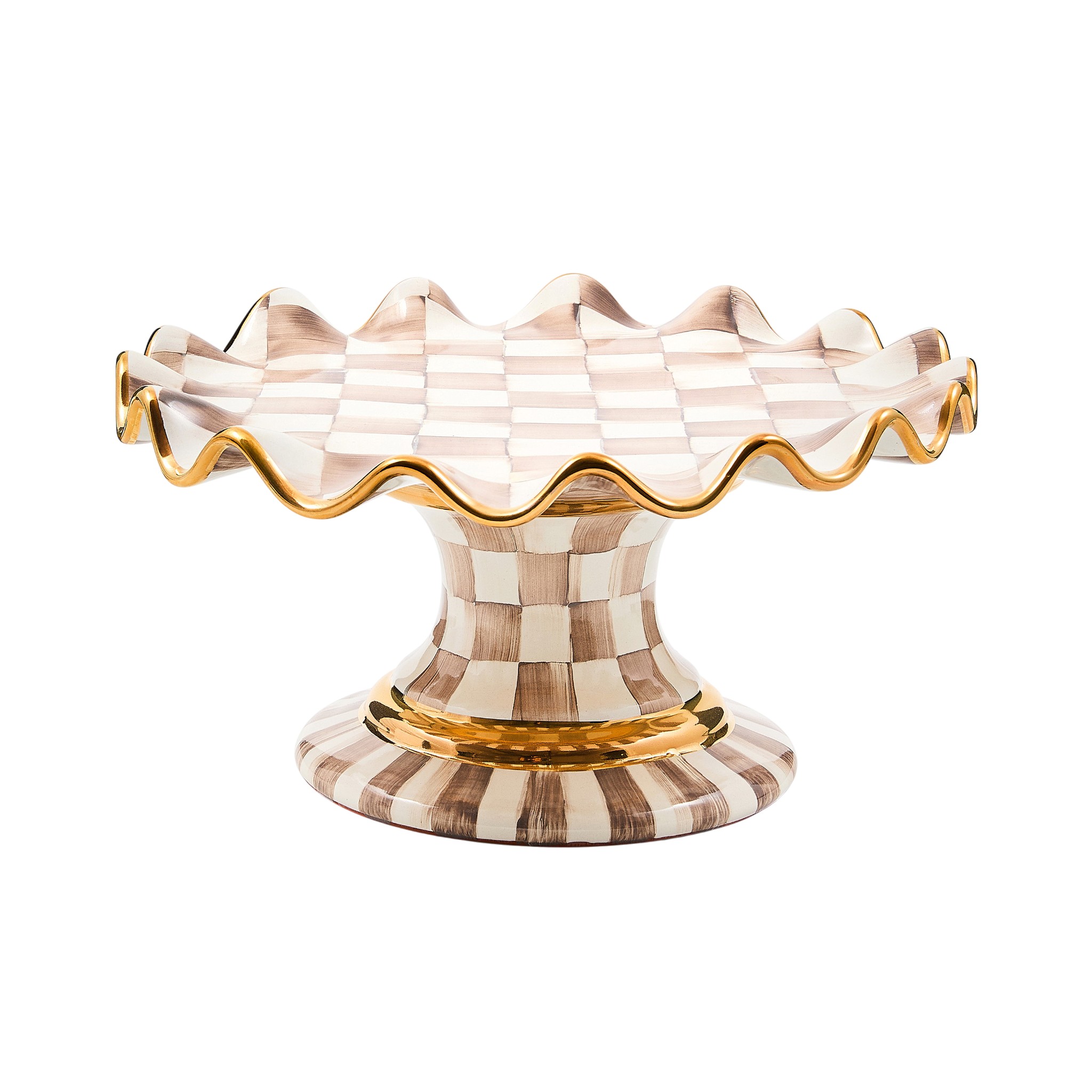 MacKenzie-Childs Fluted Cake Stand Server, Mocha Check