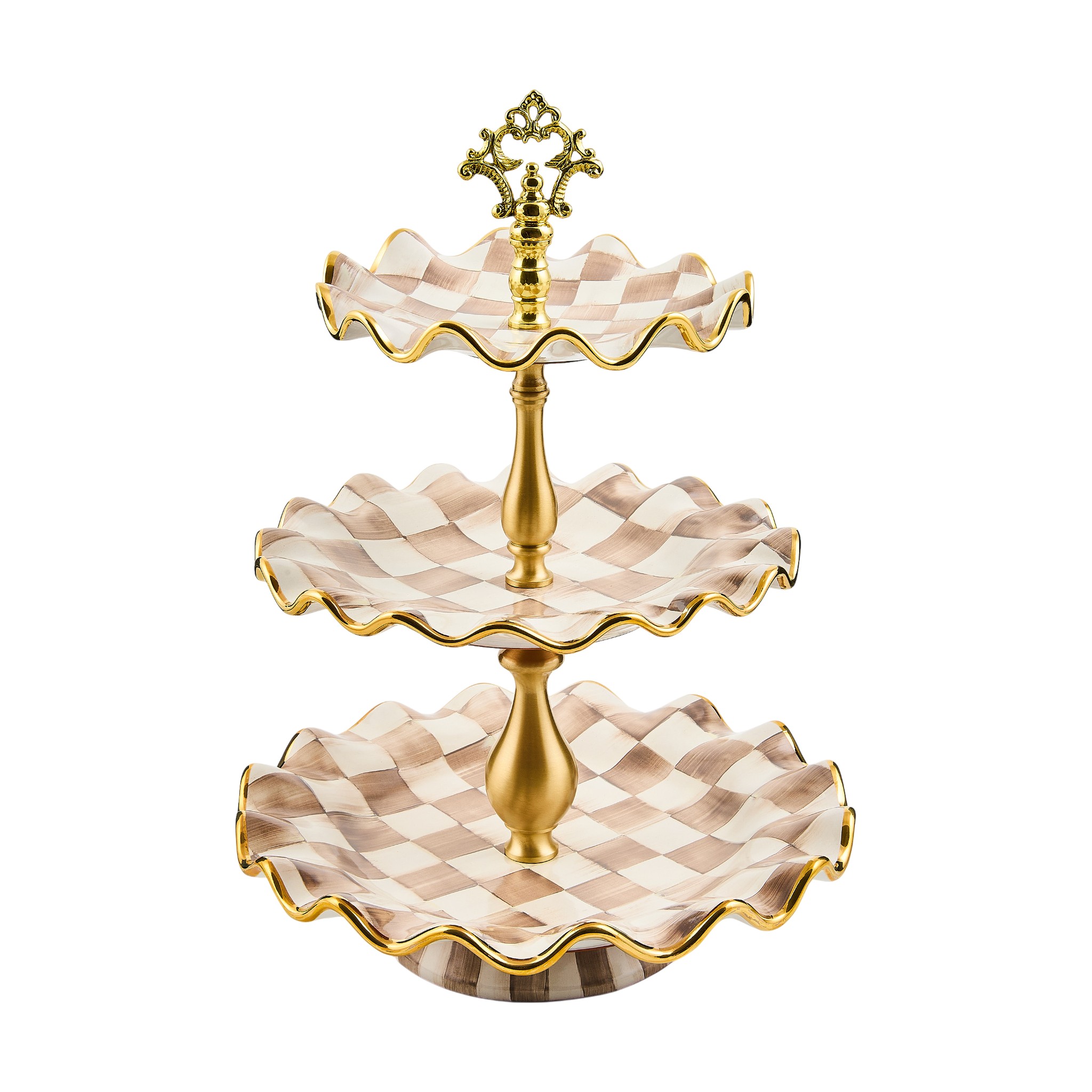 MacKenzie-Childs Three Tier Sweet Stand Server, Mocha Check