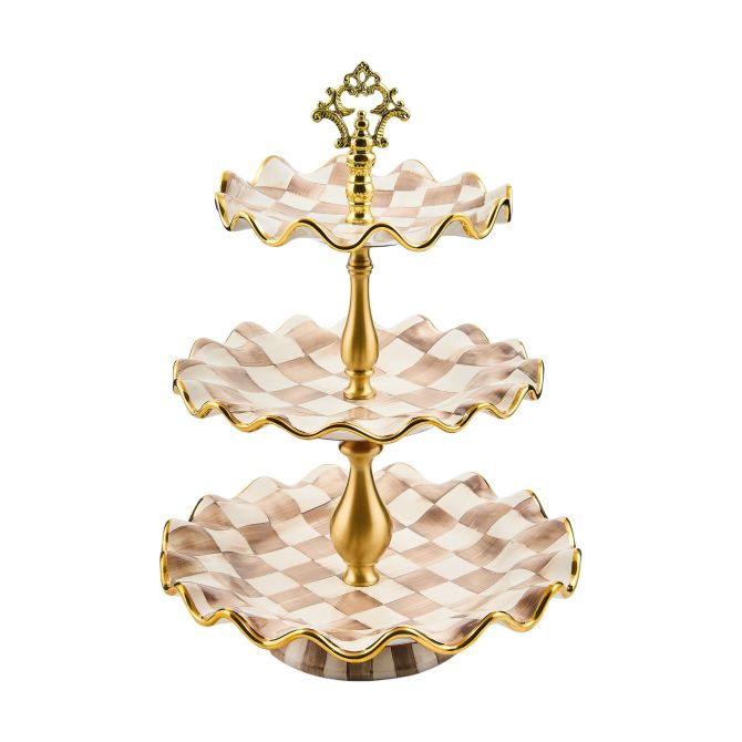 MacKenzie-Childs Three Tier Sweet Stand Server, Mocha Check