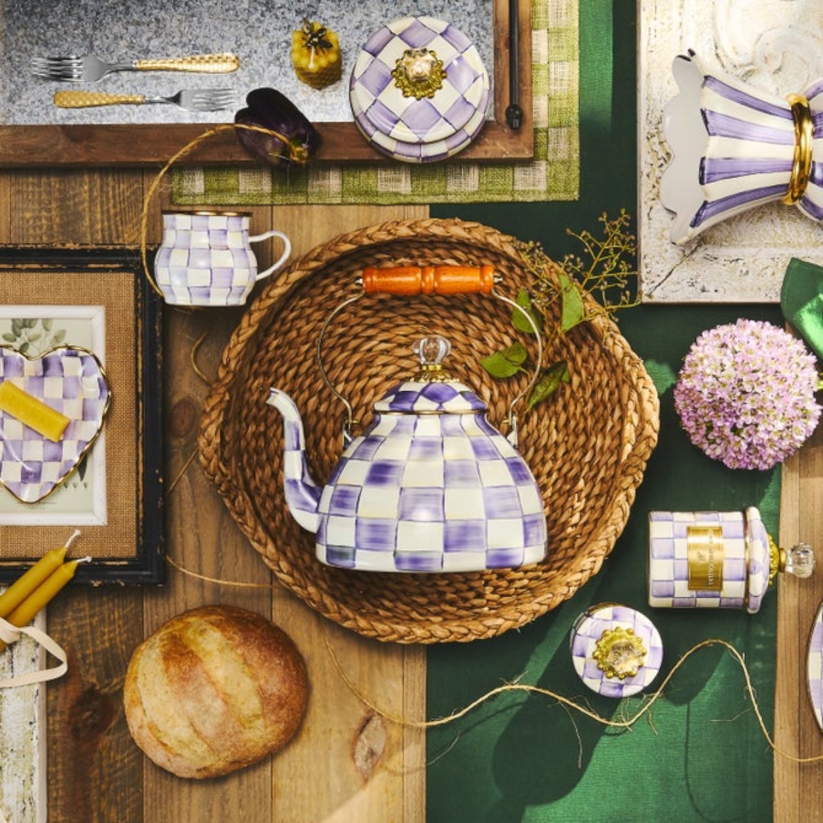 MacKenzie-Childs 3 Quart Tea Kettle, Violet Check