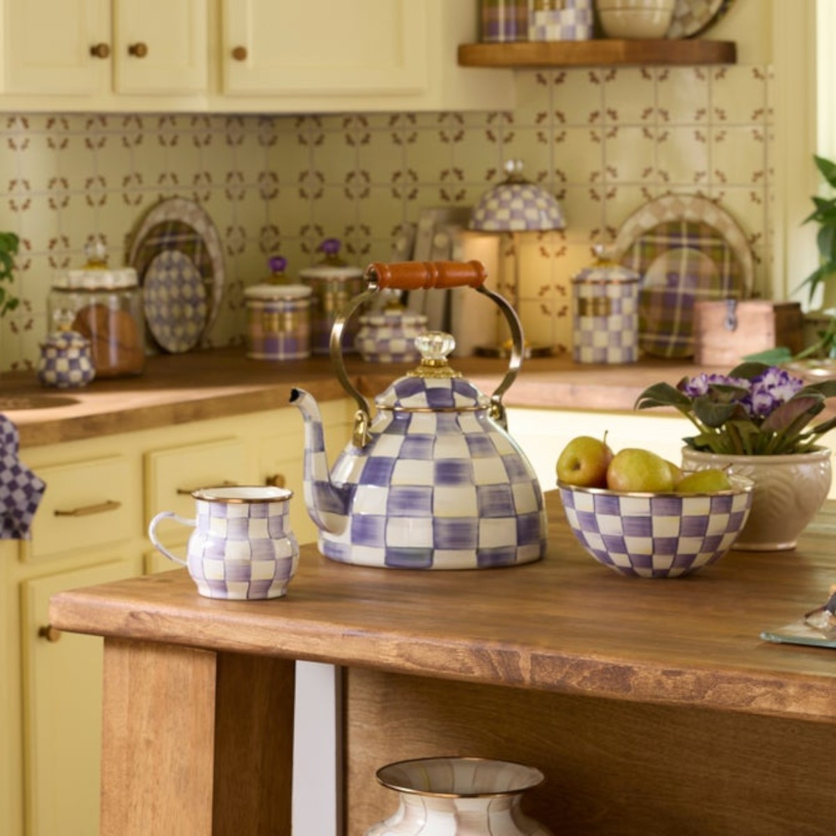 MacKenzie-Childs 3 Quart Tea Kettle, Violet Check