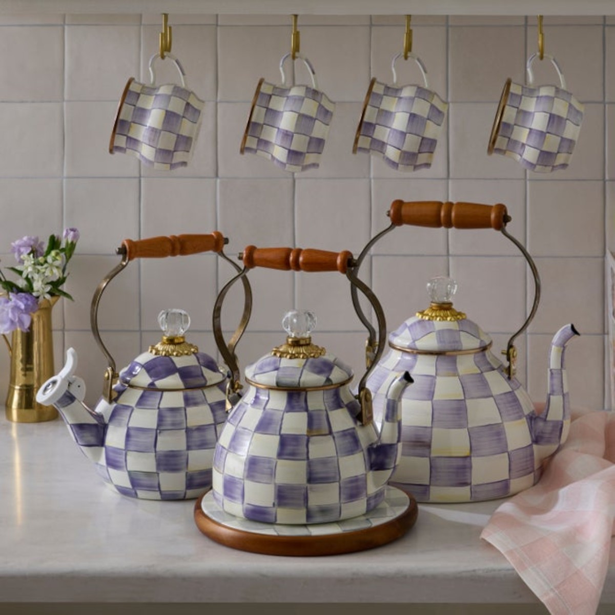 MacKenzie-Childs 2 Quart Tea Kettle, Violet Check