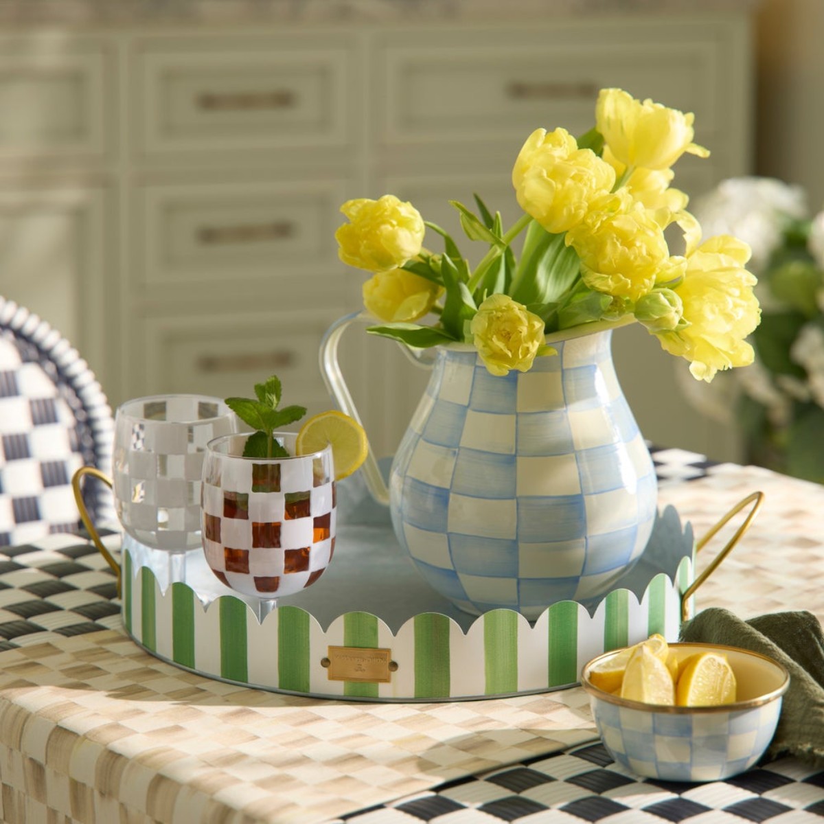 MacKenzie-Childs Grass Green Stripe Serving Trays, Set of 2