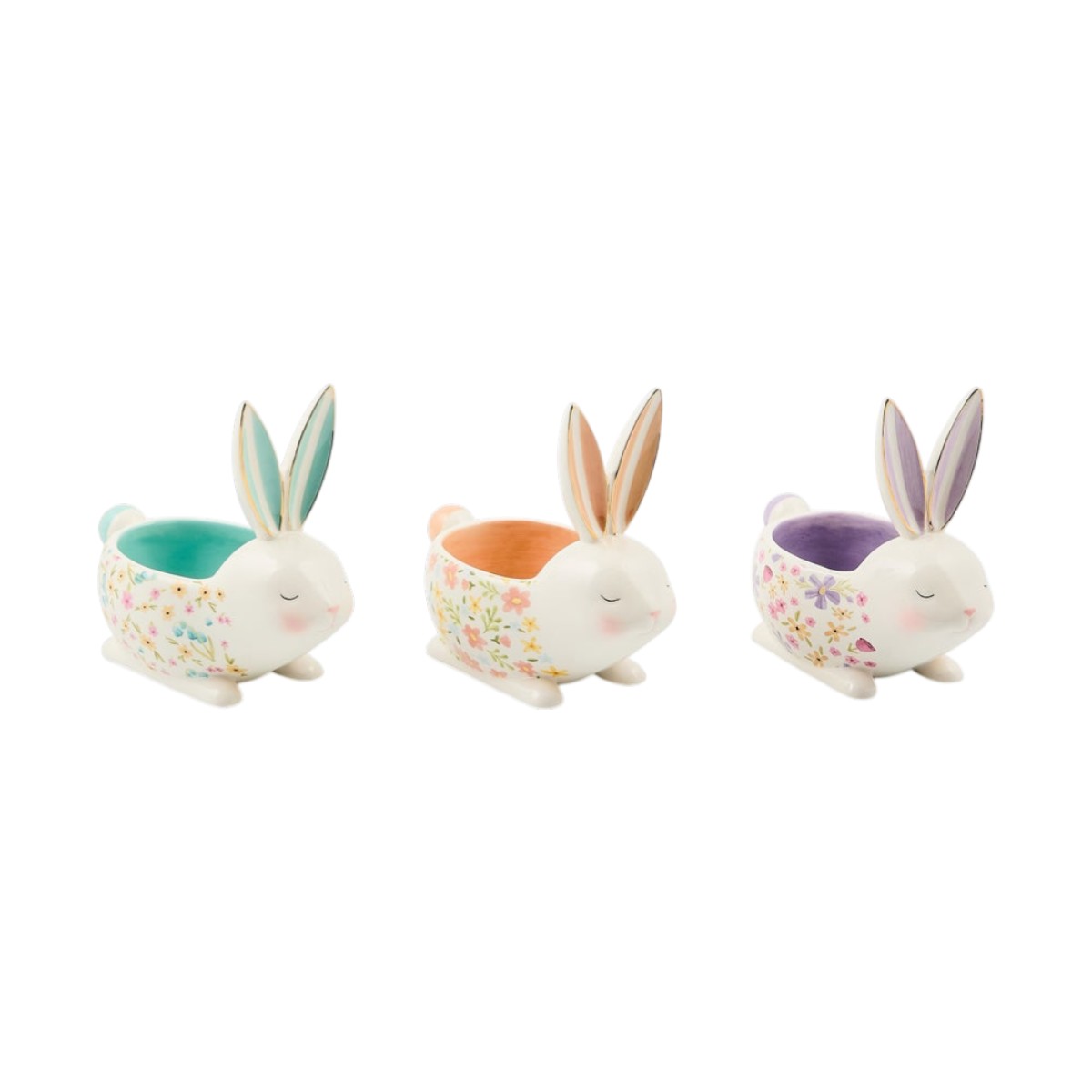 MacKenzie-Childs Set of 3 Ceramic Rabbit Candy Dishes, Posie Patch