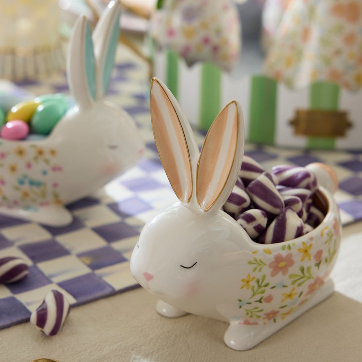 MacKenzie-Childs Set of 3 Ceramic Rabbit Candy Dishes, Posie Patch