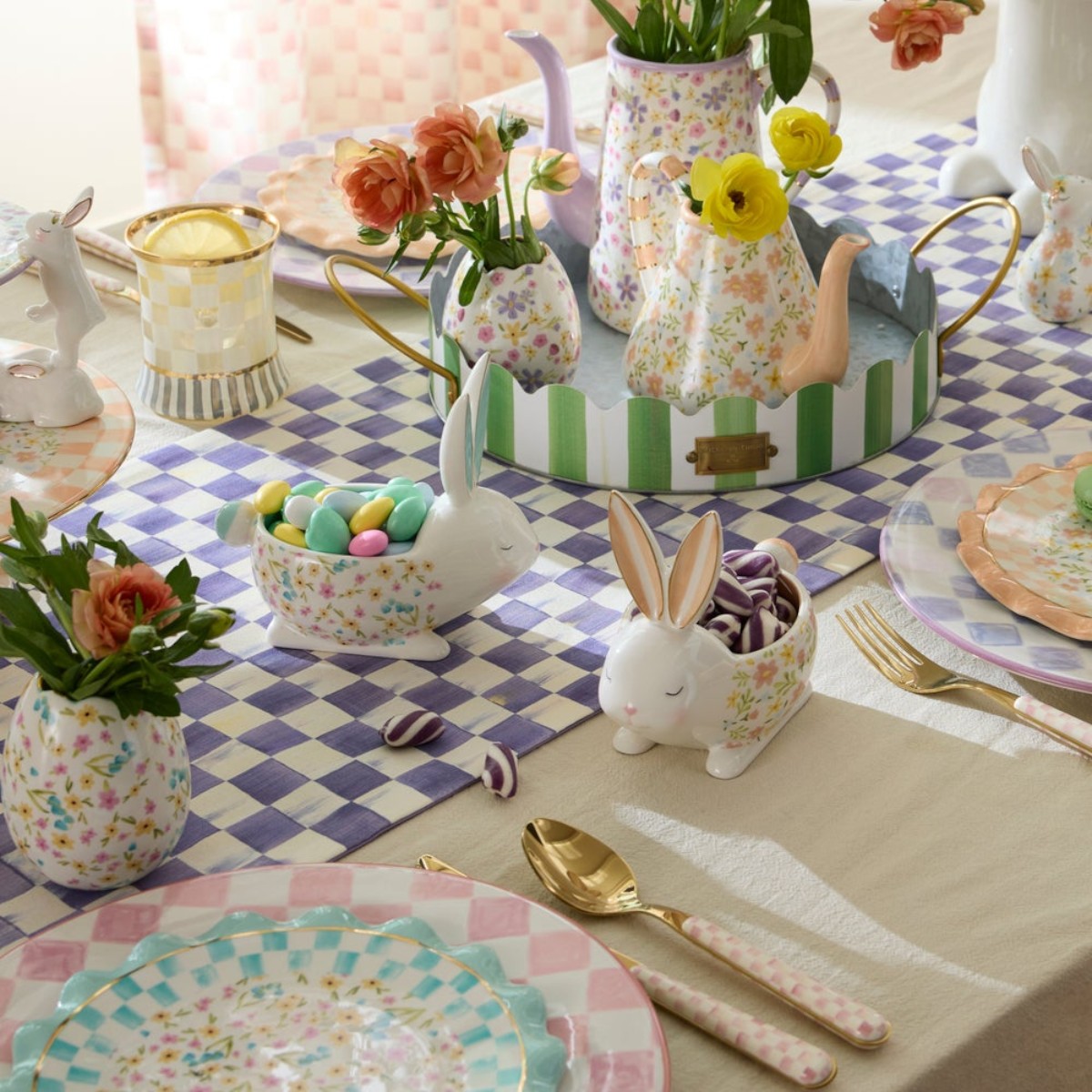 MacKenzie-Childs Set of 3 Ceramic Rabbit Candy Dishes, Posie Patch