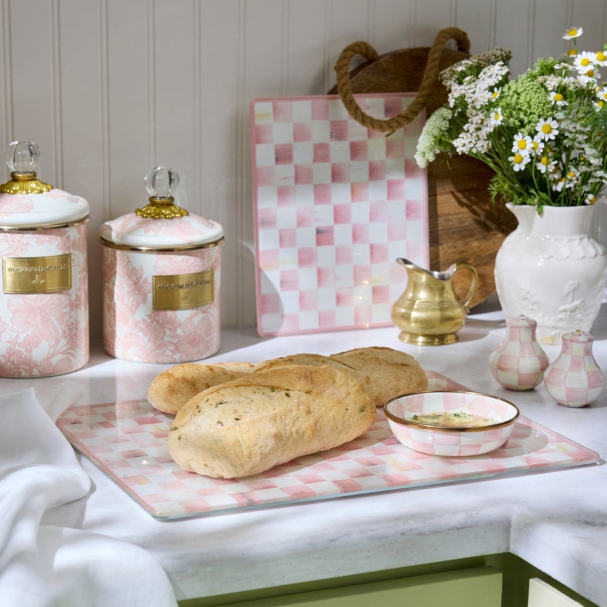 MacKenzie-Childs Set of 2 Glass Cutting Boards, Rosy Check