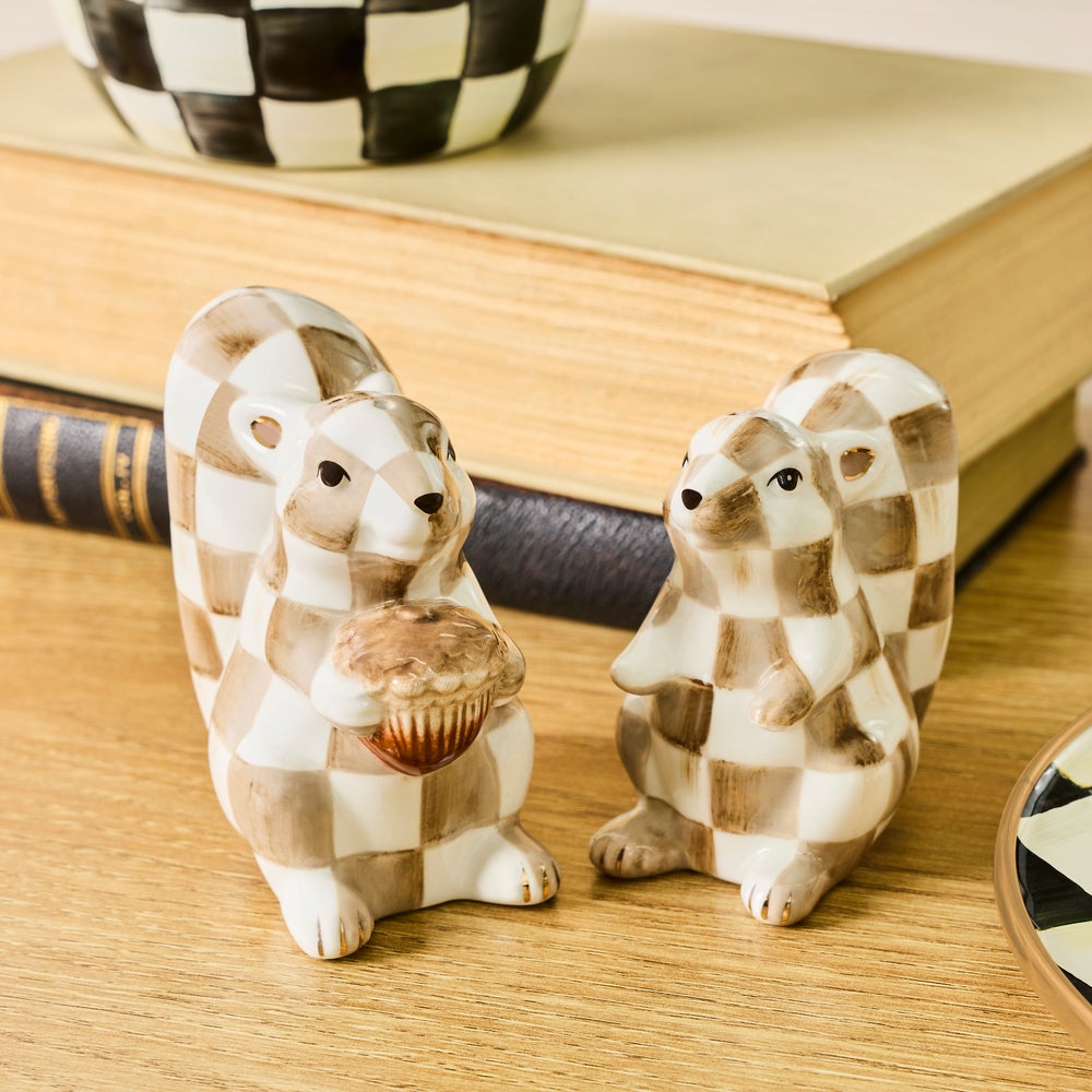 MacKenzie-Childs Mocha Check Squirrel Salt and Pepper Set