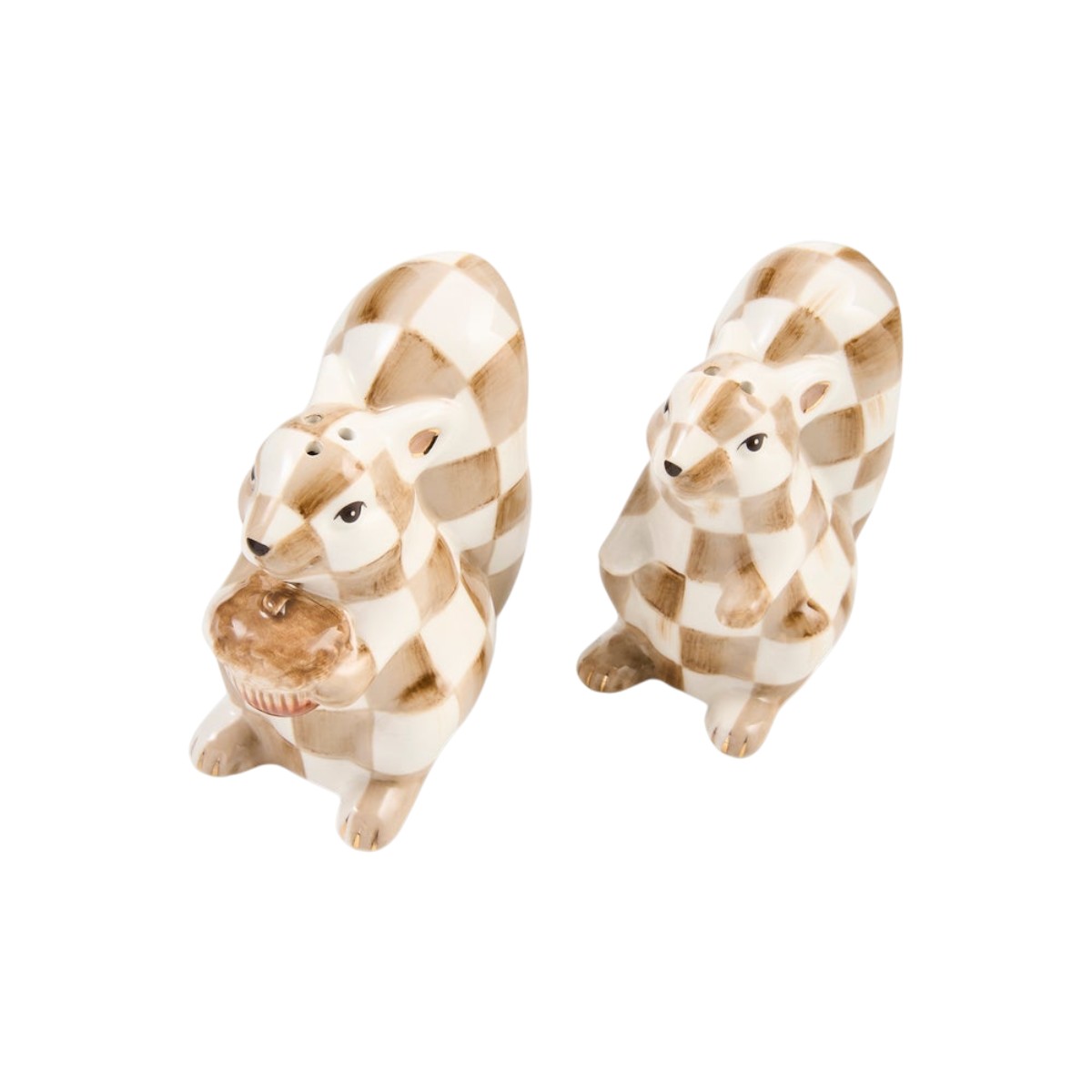 MacKenzie-Childs Mocha Check Squirrel Salt and Pepper Set