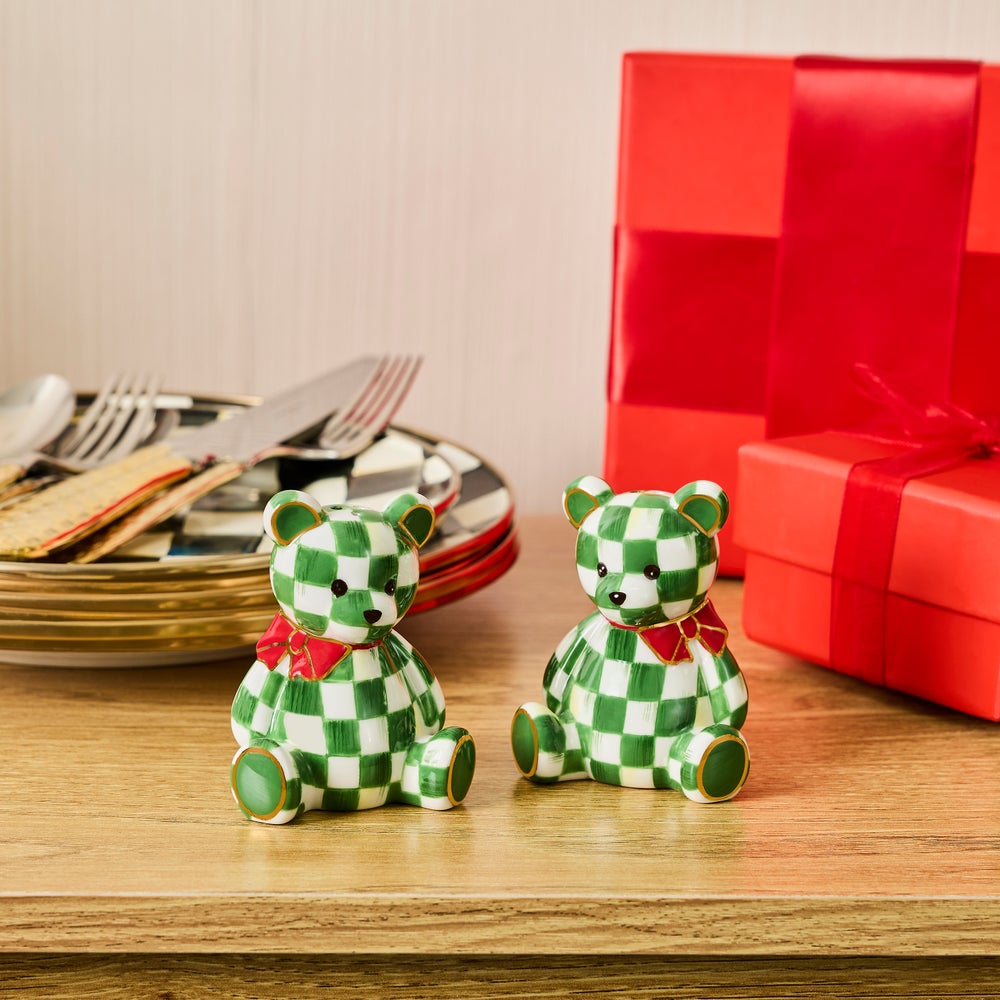 MacKenzie-Childs Emerald Check Holiday Bear Salt and Pepper Set