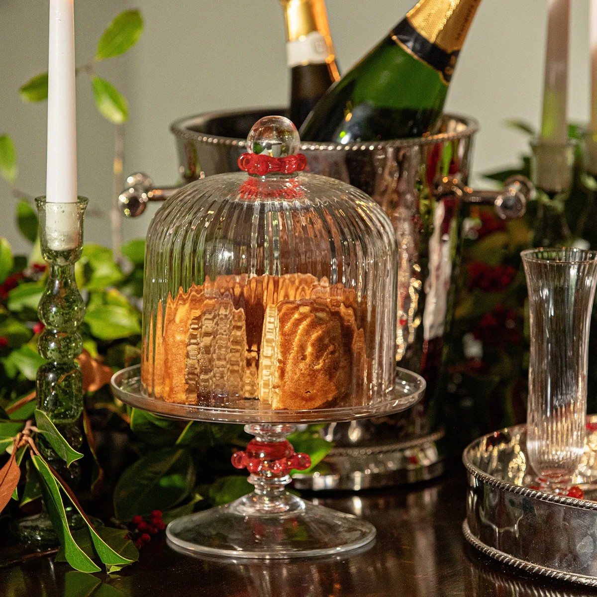 Juliska Nell Ruffle Petite Cake Dome and Stand Set, Ruby