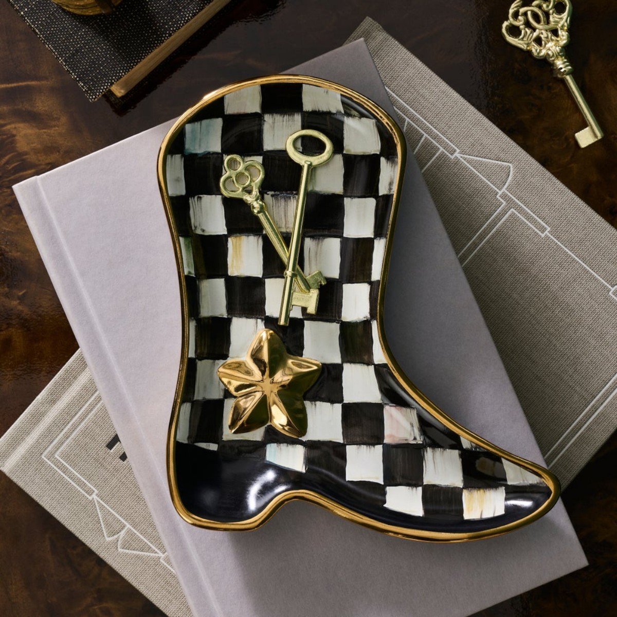 MacKenzie-Childs Lainey Wilson Cowgirl Boot Dish, Courtly Check