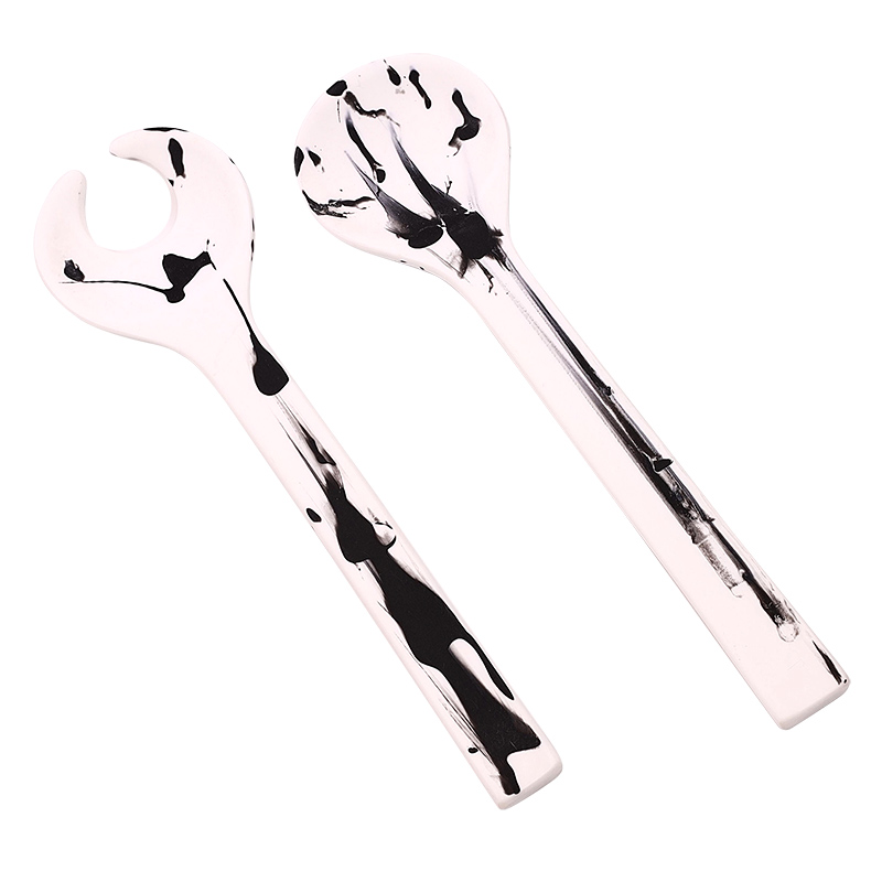 Nashi Resin Classical Salad Server Set, Black and White Swirl