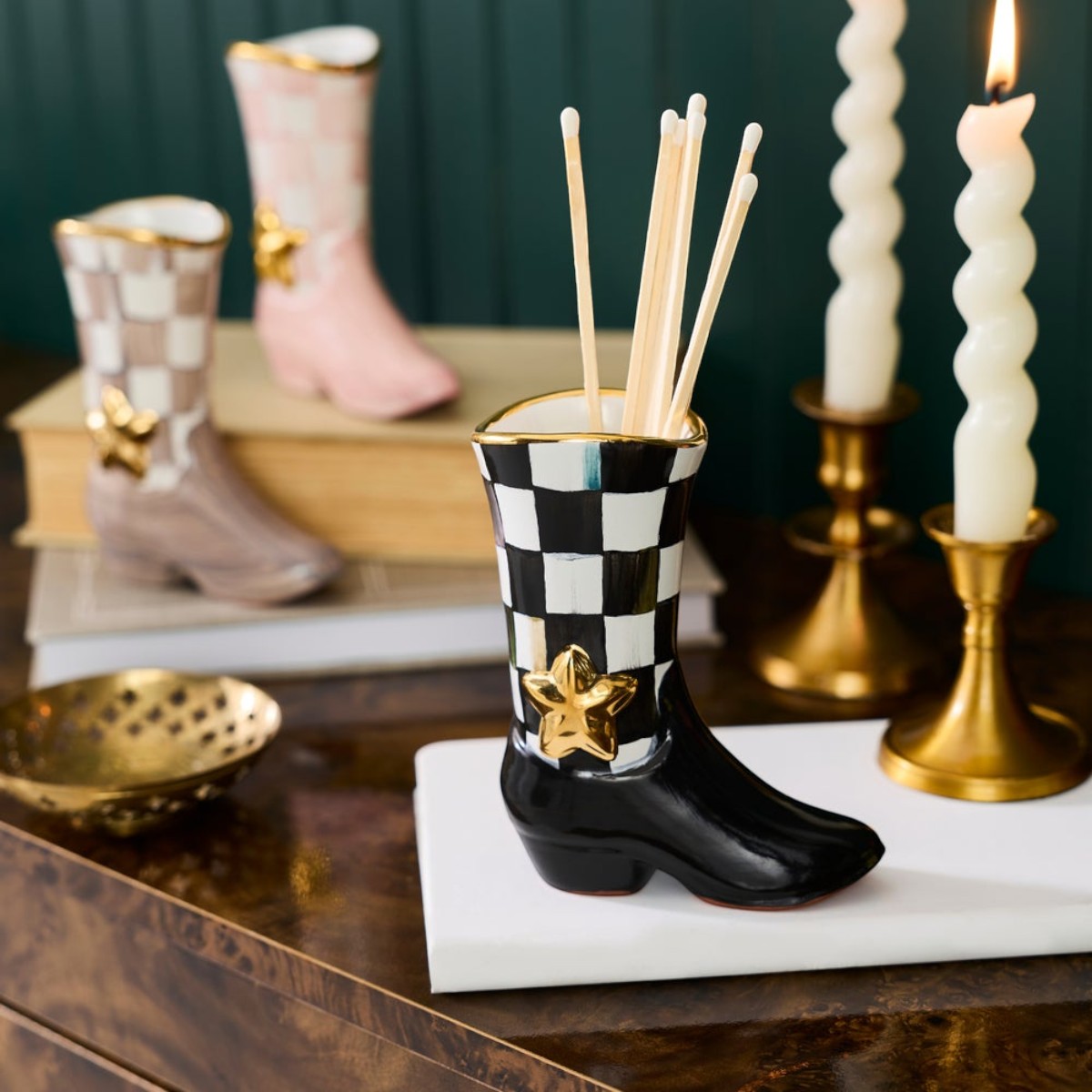 MacKenzie-Childs Lainey Wilson Cowgirl Boot Bud Vase, Courtly Check
