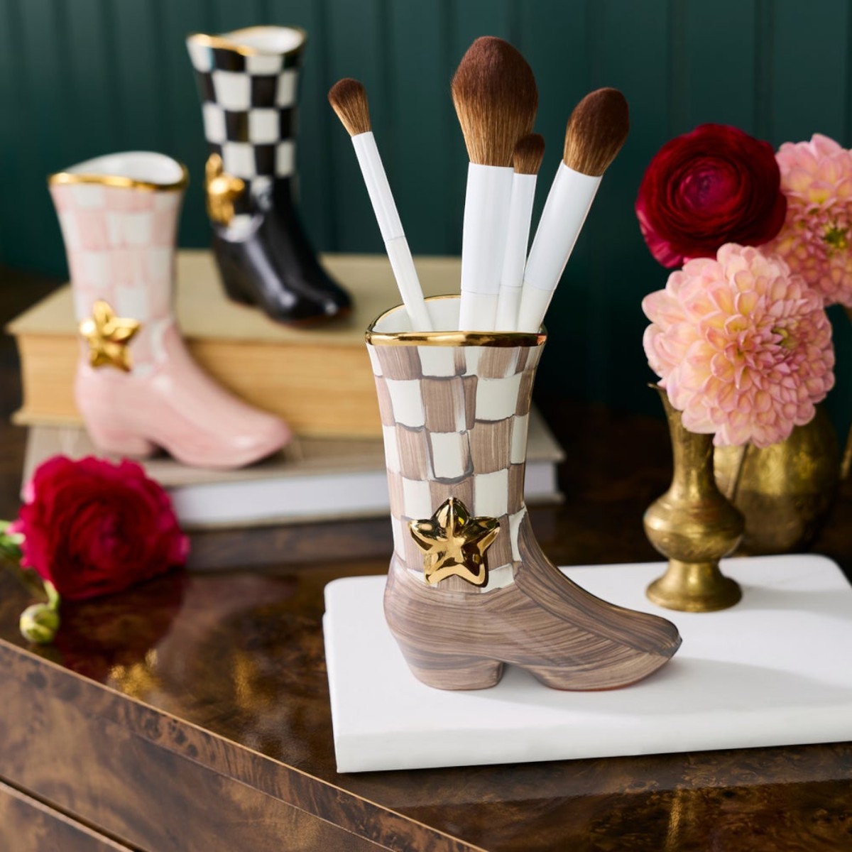 MacKenzie-Childs Lainey Wilson Cowgirl Boot Bud Vase, Mocha Check